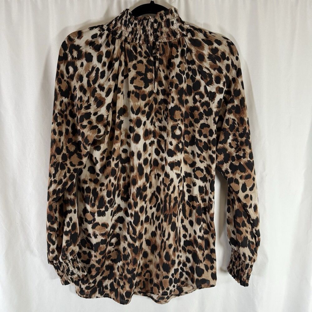 Chico's Blouse Women's Medium Brown Cheetah Print High Neck Lightweight Long Slv - Picture 9 of 11